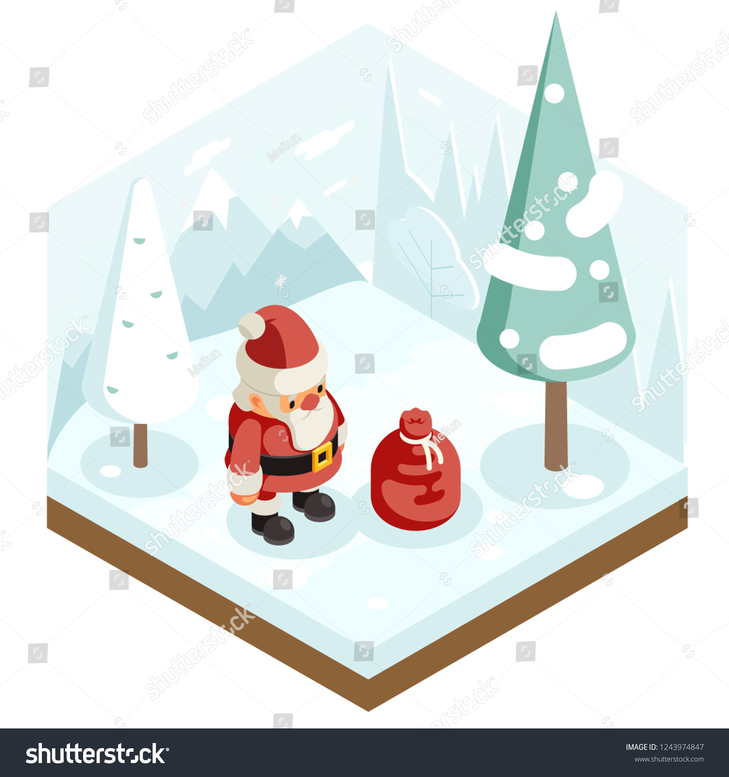 Cartoon santa claus grandfather frost gift bag new year christmas forest wood background isometric flat 3d design vector illustration