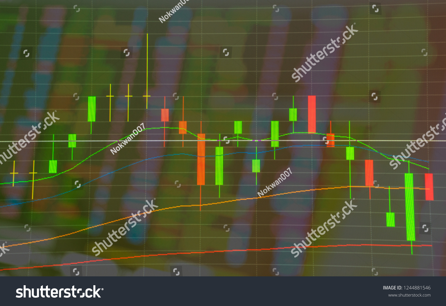Double exposure. Technical price graph  candlestick chart and stock trading numeric data on computer screen background. Economics future market  financial business crypto currency bitcoin background