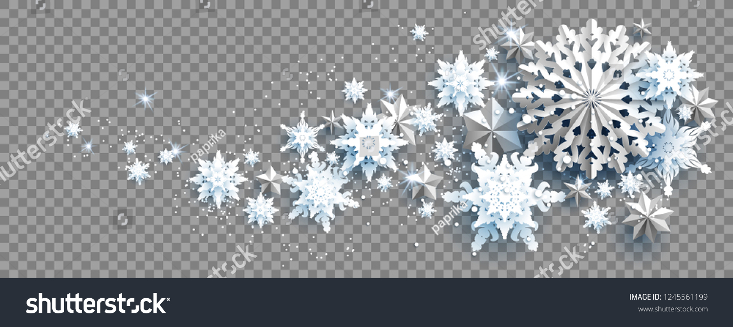 Web Banner Social Media template. Winter decoration with snowflakes  stars and balls on transparent background