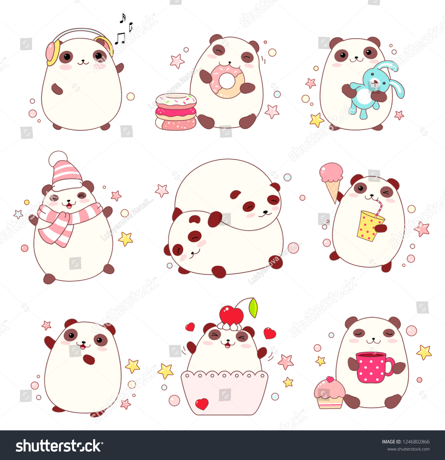 Collection of cute pandas in different situations (sleeping  eating  walking) in kawaii style. EPS8