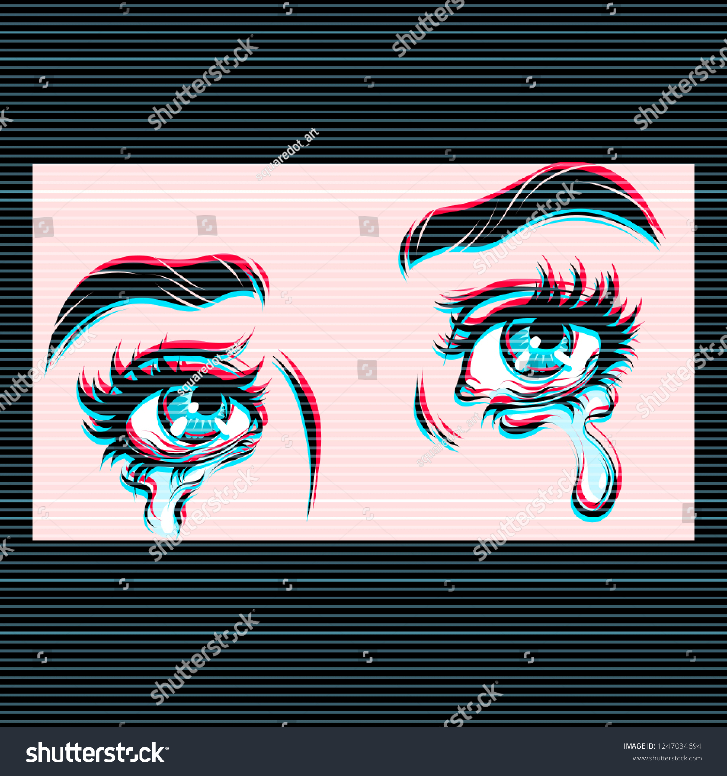 Vector hand drawn illustration of crying eyes. Digital glitch effect.