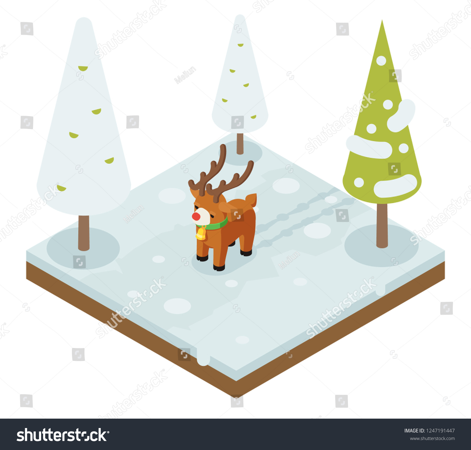 Cartoon deer walking winter wood forest isometric flat 3d design vector illustration