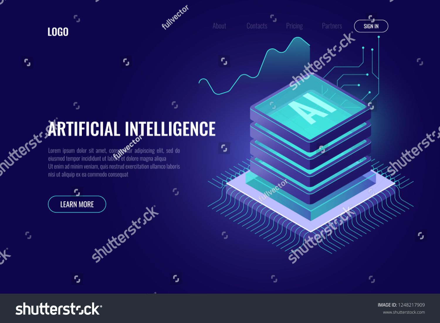 Artificial intelligence  AI isometric icon  computer brain  server room rack  big data  element for design digital technology dark neon vector