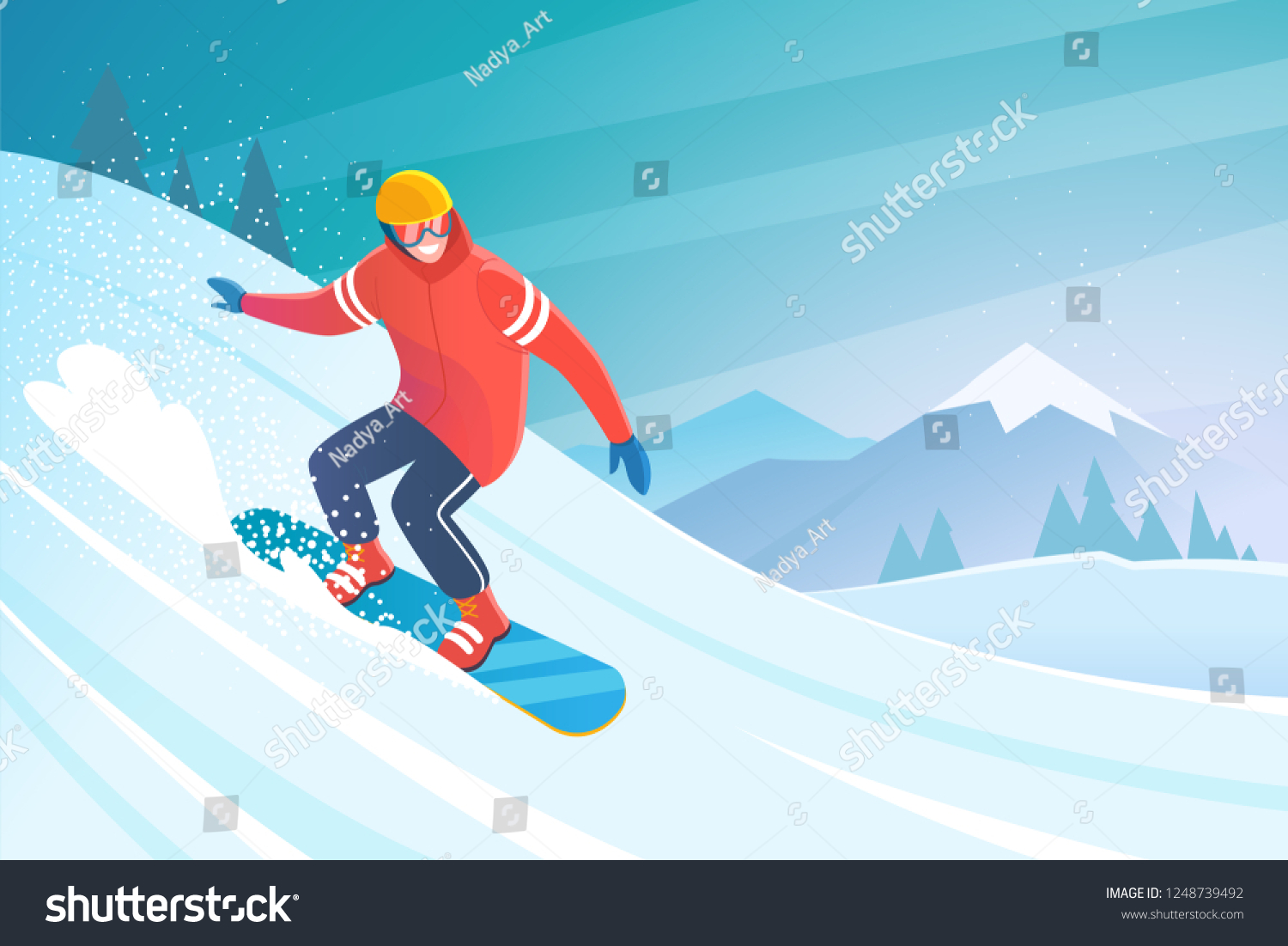Snowboarding. Vector illustration of sliding snowboarder in trendy flat style  isolated on snow mountains background.