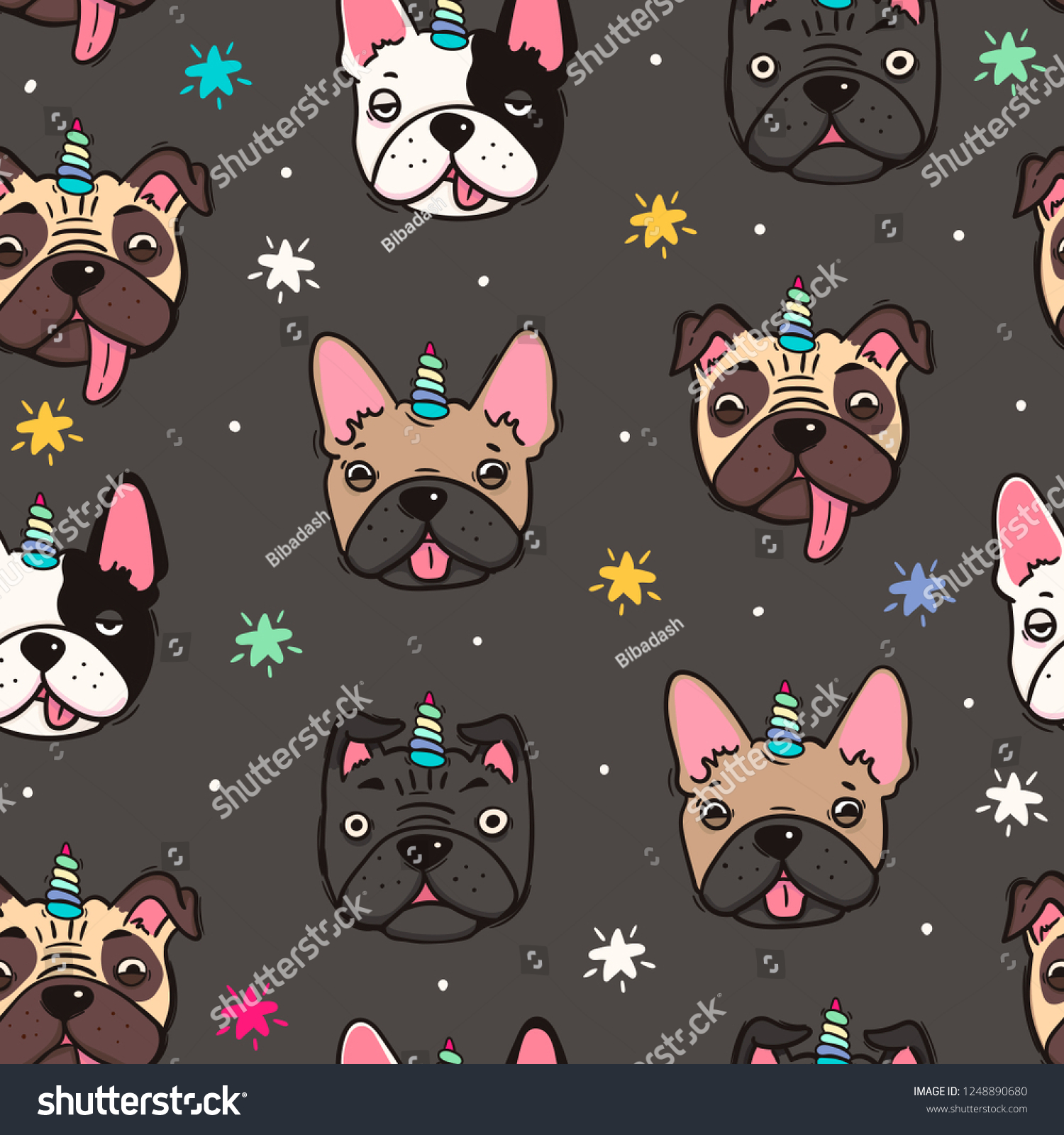 Doggicorn. Cute pugs and french bulldogs with unicorn horn. Hand drawn colored vector seamless pattern. Dark background