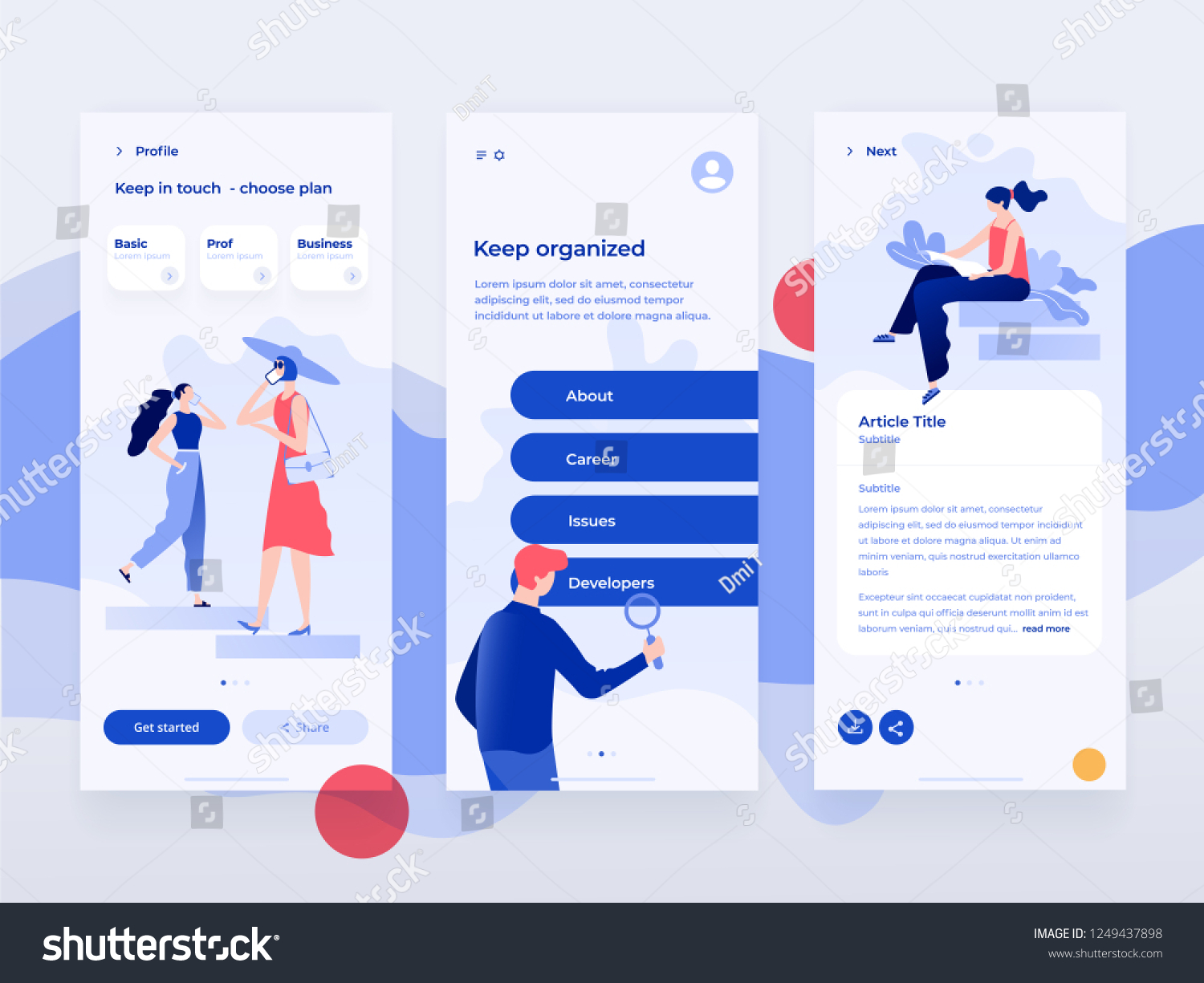 People work and interacting with graphs  shapes and devices. Data analysis and office situations. Flat vector illustration. Mobile application template.