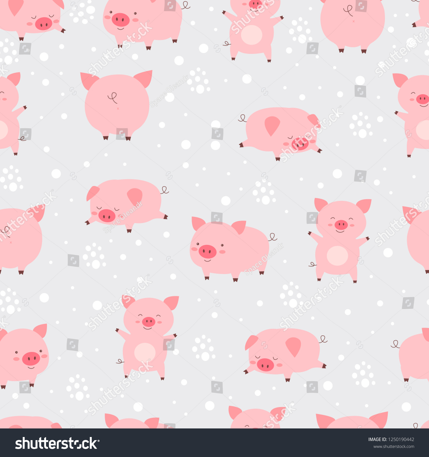 Seamless pattern cheerful cute little cute pigs in snow. Cartoon animal vector illustration. Texture with pigs new year 2019.