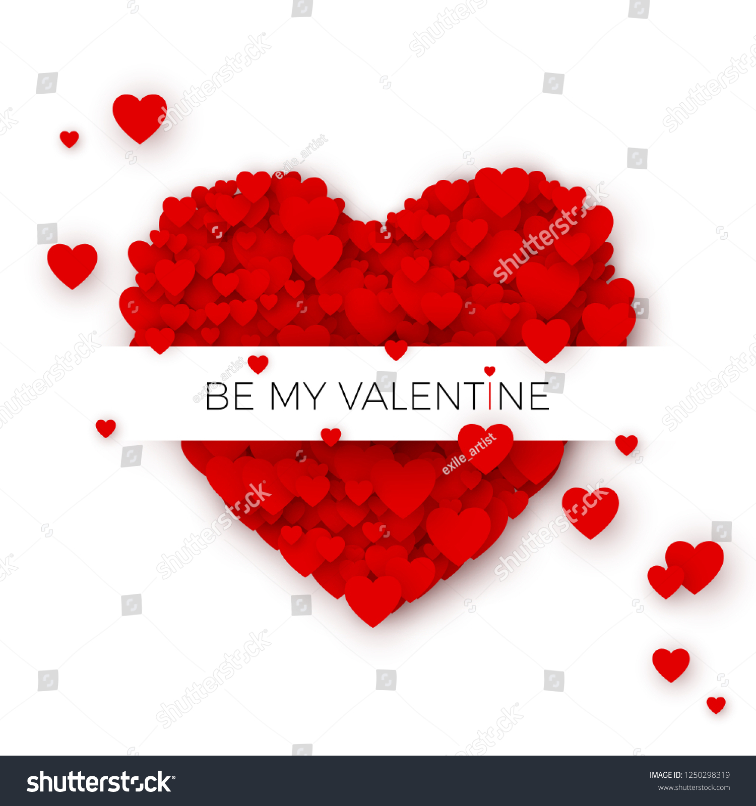 Happy Valentine`s day greeting card cover template. Heart frame with label. Holiday decoration element. Heart consisting of a multitude of hearts with space for text. Vector illustration