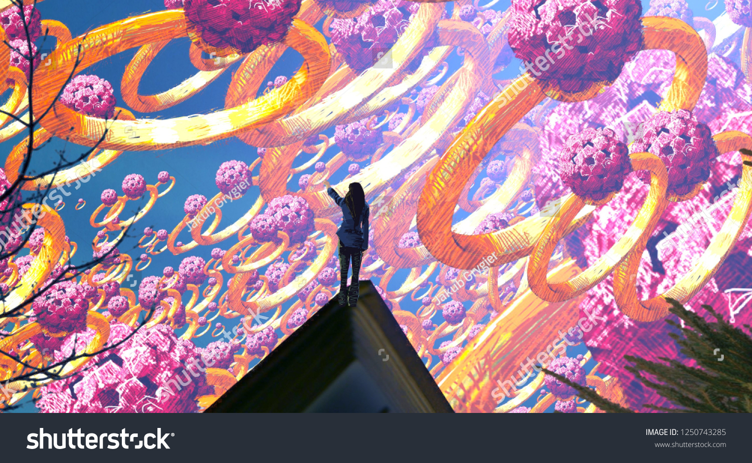 2d illustration. Abstract dreamlike motivational image. Illustration of person being in a dream in imaginary world. Gem. Ring