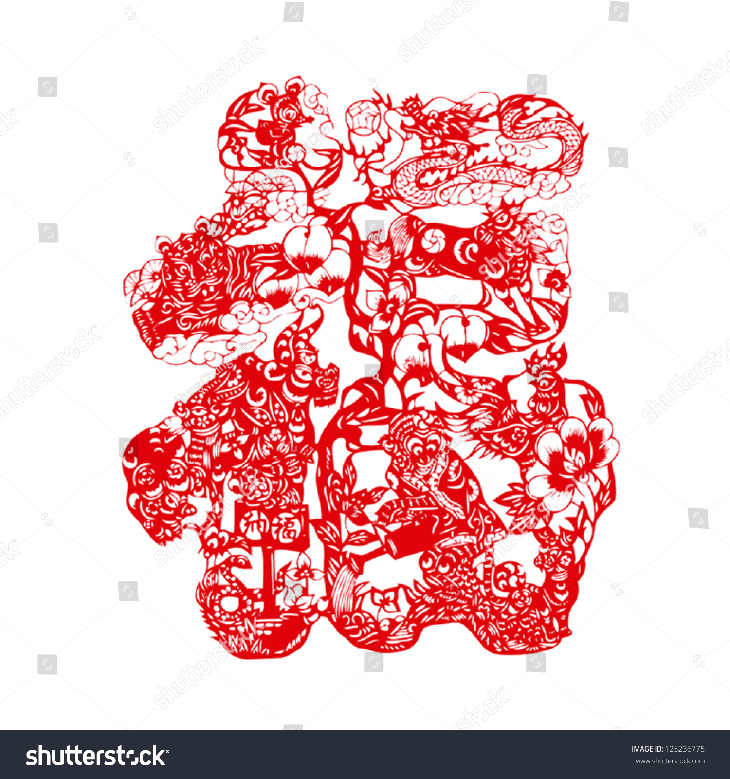 Chinese zodiac signs in the shape of Chinese character for fortune and good luck (fu)