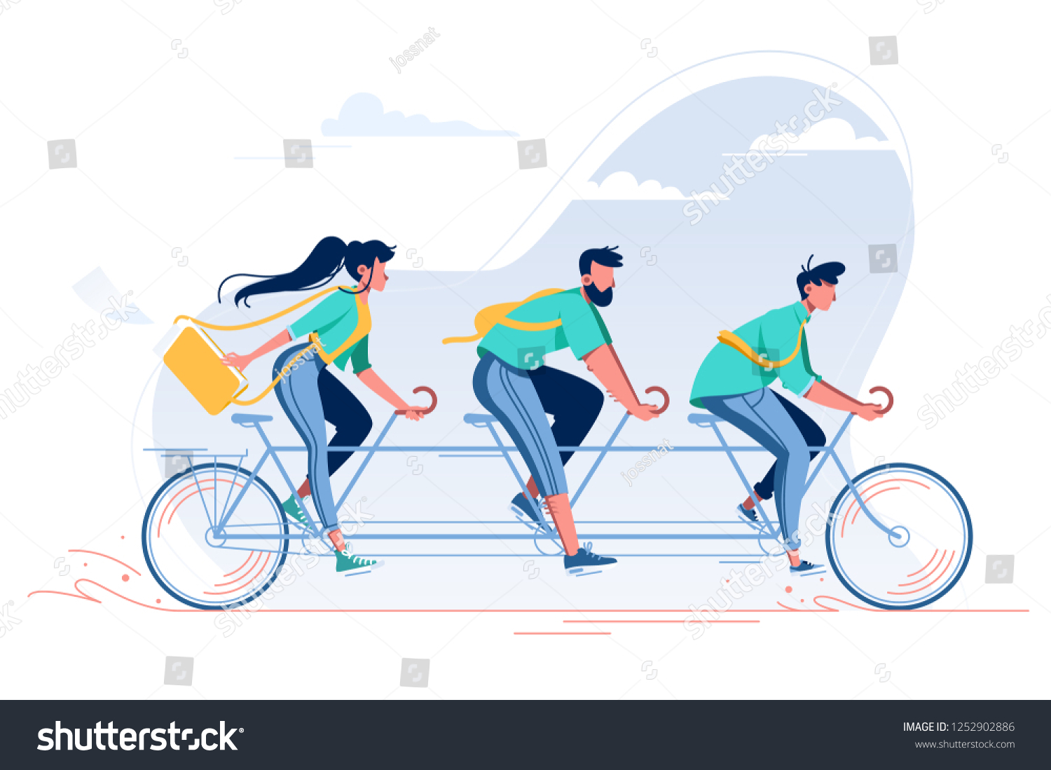 Team with young woman  man with beard and student riding a bike. Concept flat people on vehicle  teamwork  friends relax. Vector illustration.