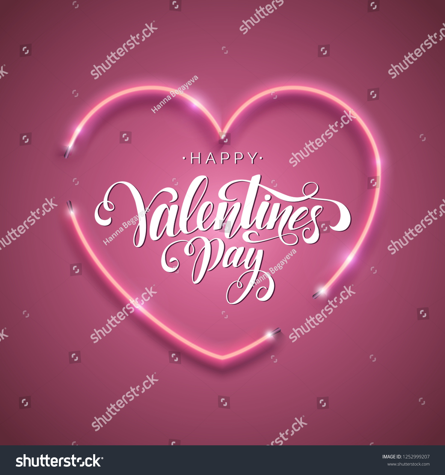 情人节快乐的铭文。手写卡。情人节的现代书法。向量霓虹灯标志。抽象背景 带有明亮的粉红色霓虹灯心脏。