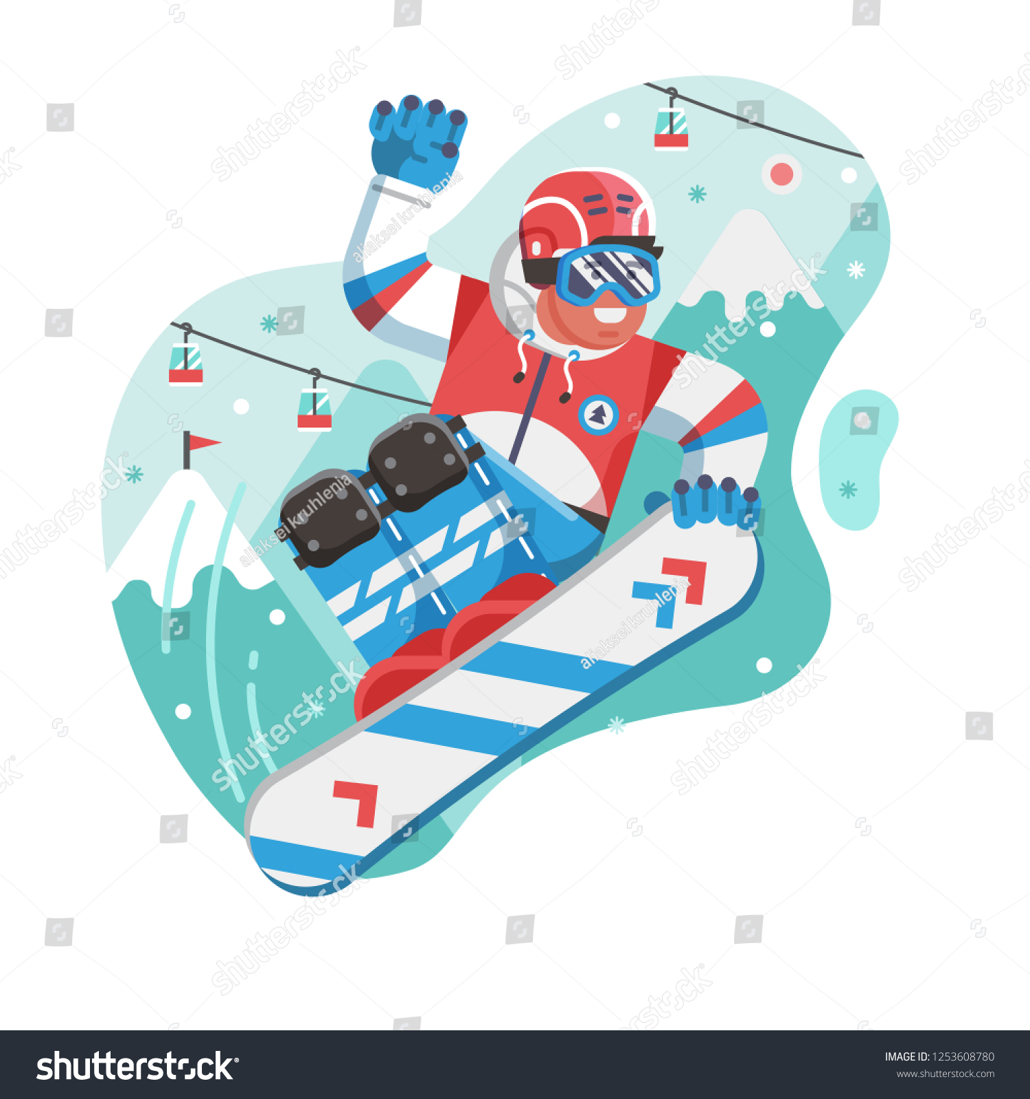 Smiling cross country snowboarder jumping on ski resort background. Freeride snowboard man character in motion concept scene. Mountain freestyle skier jump on snow hill.