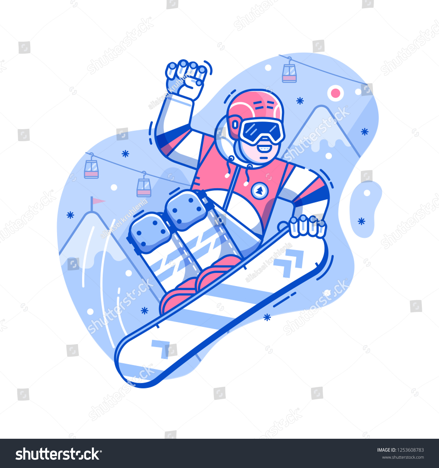 Smiling cross country snowboarder jumping on ski resort background. Freeride snowboard man character in motion concept scene. Mountain freestyle skier jump on snow hill.