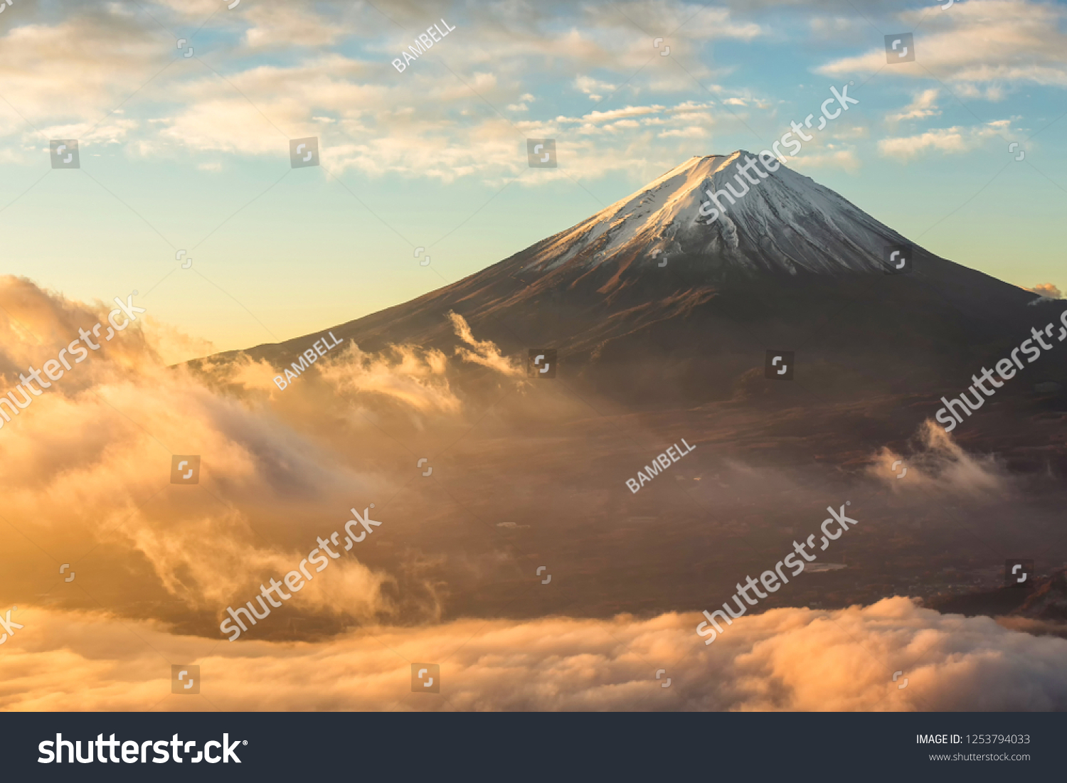 Mount Fuji and fog at sunrise at lake kawaguchi in autumn Yamanashi Japan.Fujisan located on Honshu Island  is the highest mountain in Japan.