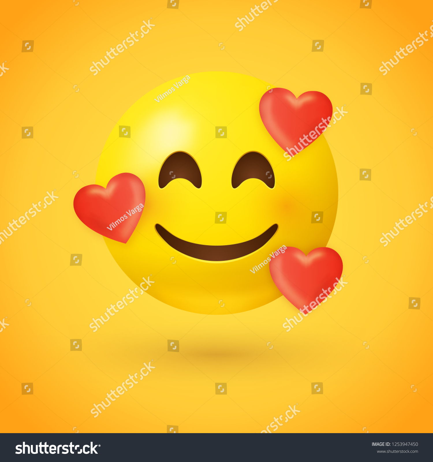 Emoji with hearts - in love face -  emoticon face with smiling eyes  rosy cheeks  and three hearts floating around its head - expresses happy  affectionate feelings  especially being in love