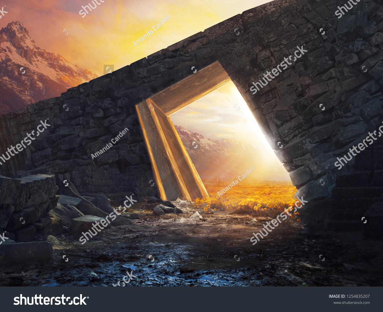 A surreal landscape with a bridge and meadow of beautiful yellow flowers