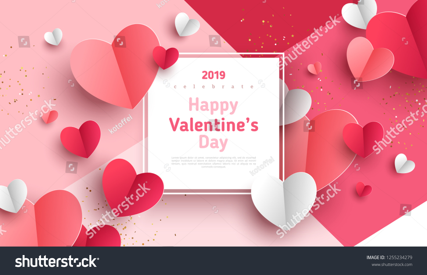 情人节概念背景。矢量图。 3D红色和粉红色的纸心 带有白色方形框架。可爱的爱出售横幅或贺卡