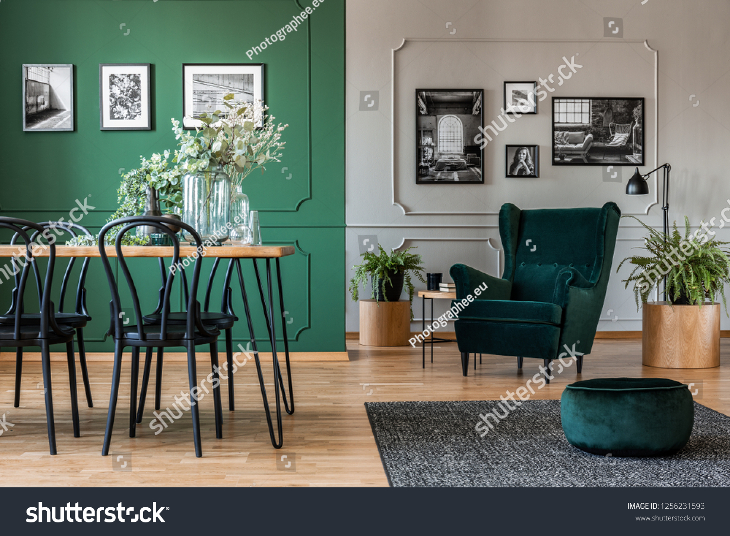 Elegant bottle green dining room with wooden table with black chairs and emerald green armchair and pouf