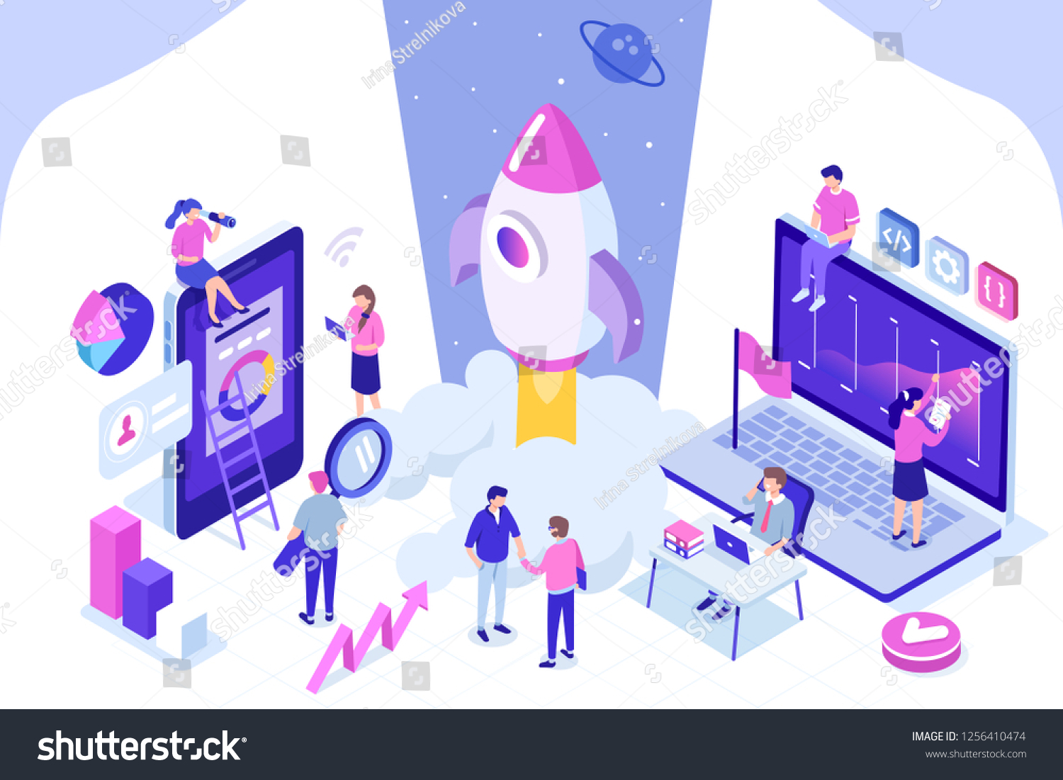 Startup concept with rocket launch. Can use for web banner  infographics  hero images. Flat isometric vector illustration isolated on white background.
