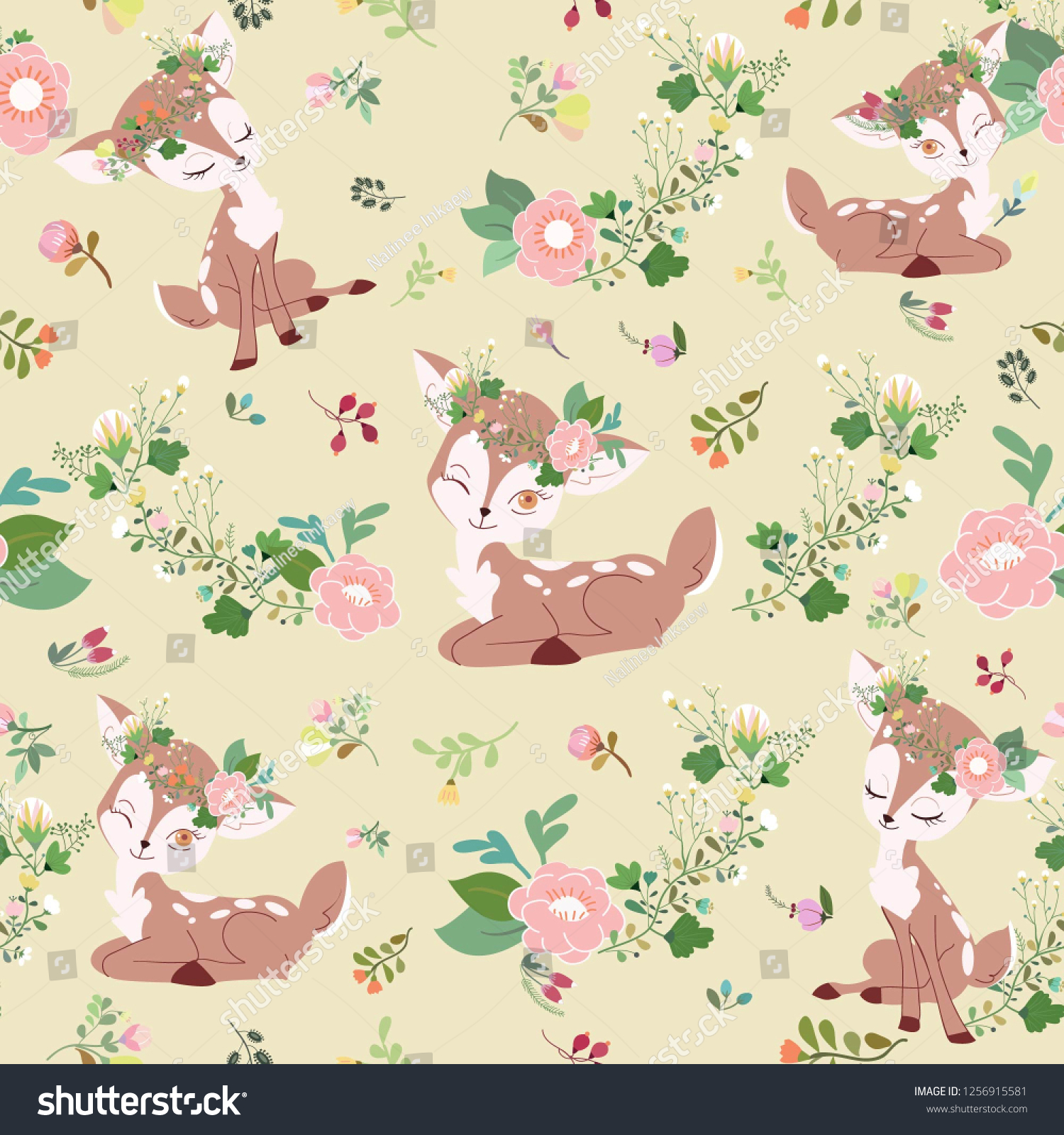 seamless pattern cute deer with floral crown  in the  flower garden  beautiful deer in  flower forest illustration vector doodle comic art.
