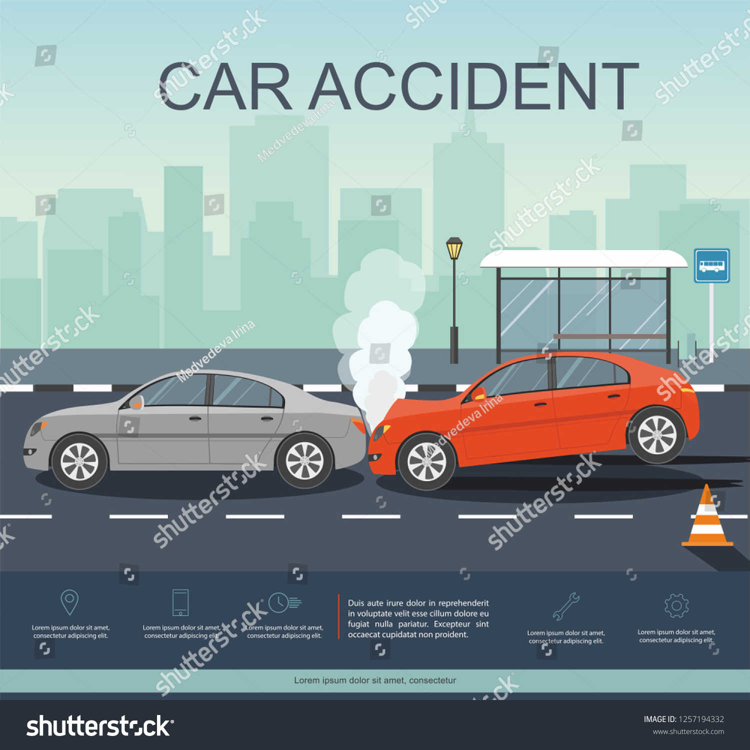 Accident with two cars on the road. Transporation Infographic. Banner Flat Vector Illustration