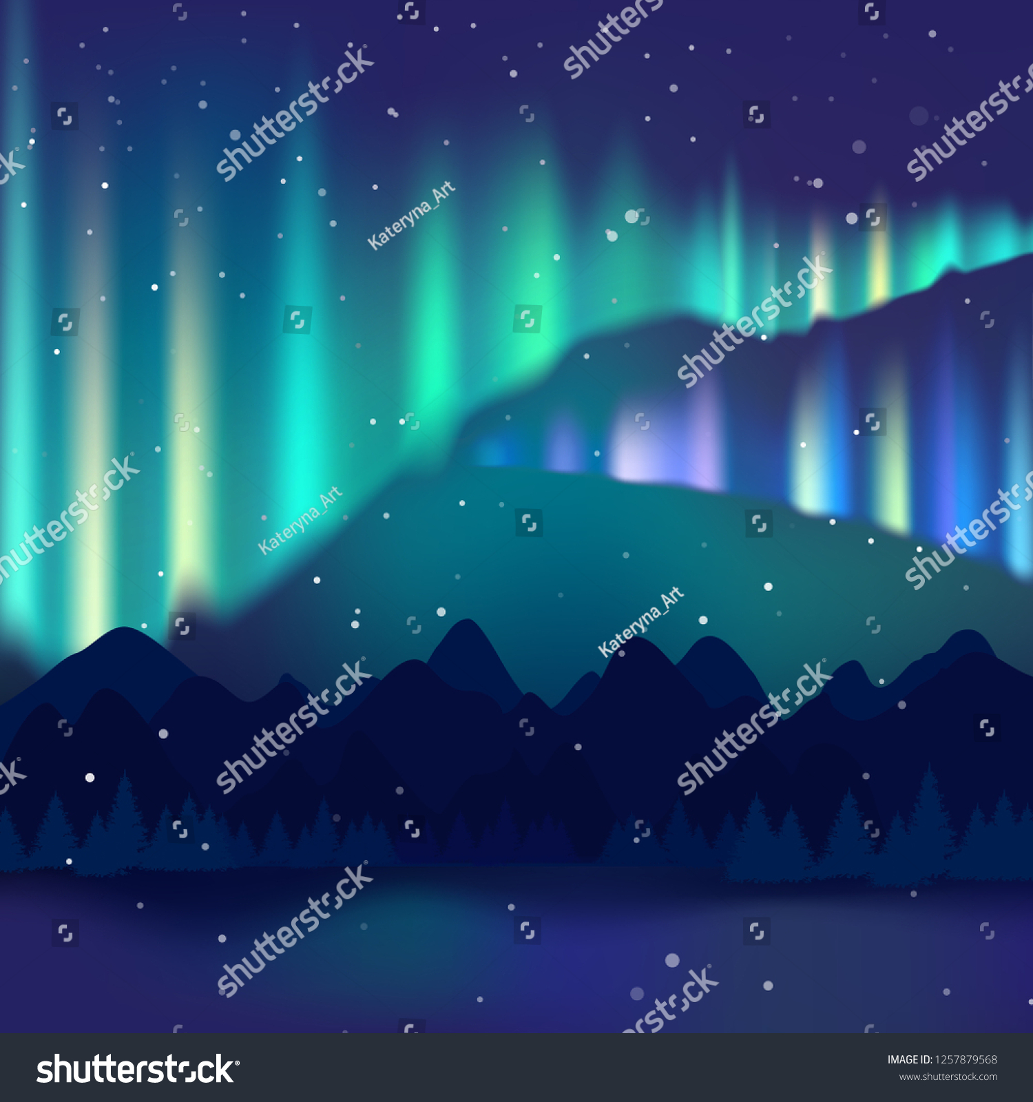 Winter night landscape  northern lights  Aurora Borealis. Arctic  Alaska  Canada  North Pole. Mountains  mountain range  high spruce  starry sky and snowfall.1