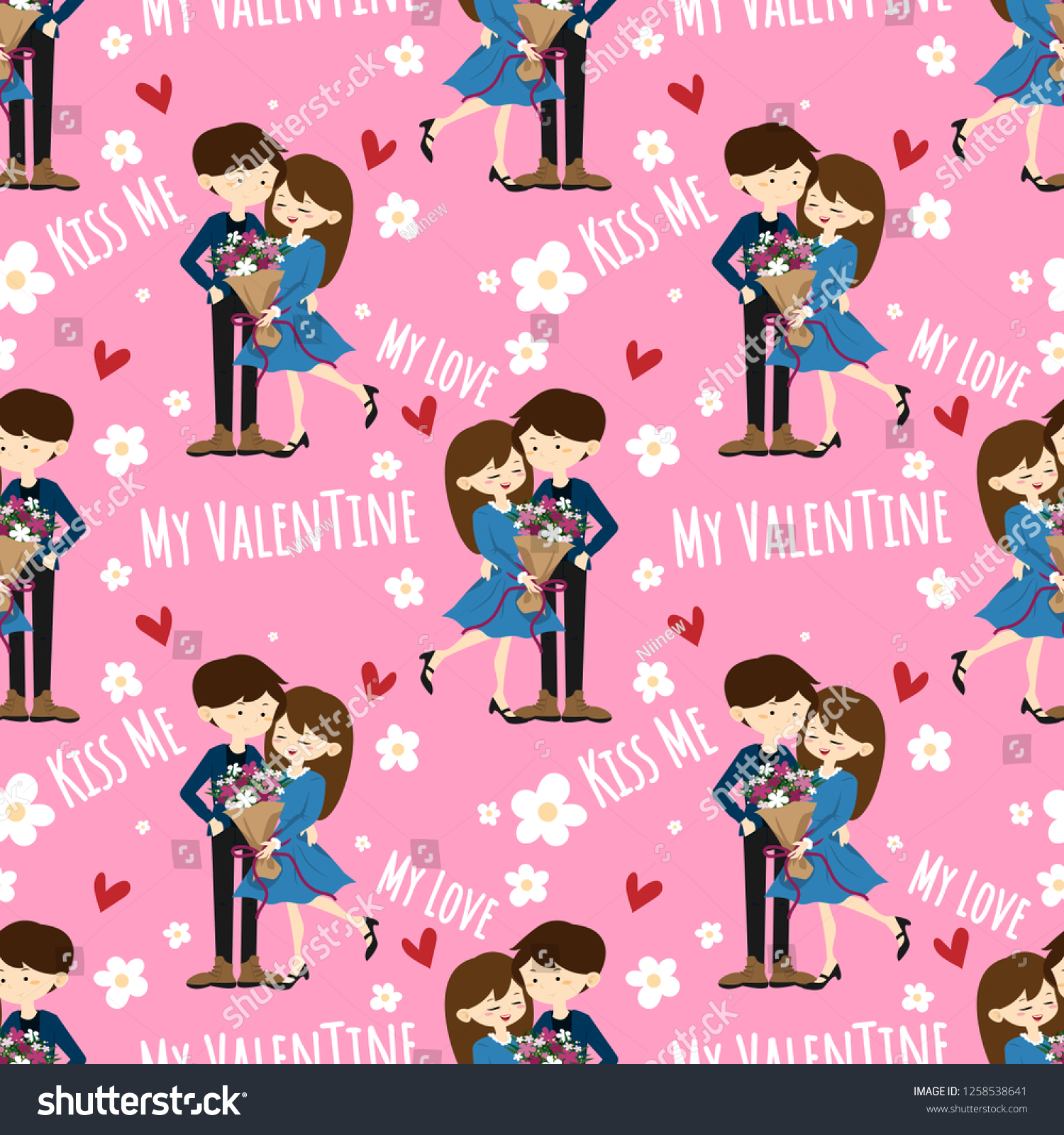 Valentine's Day seamless pattern with cute couple received a beautiful bouquet in happy moment. 