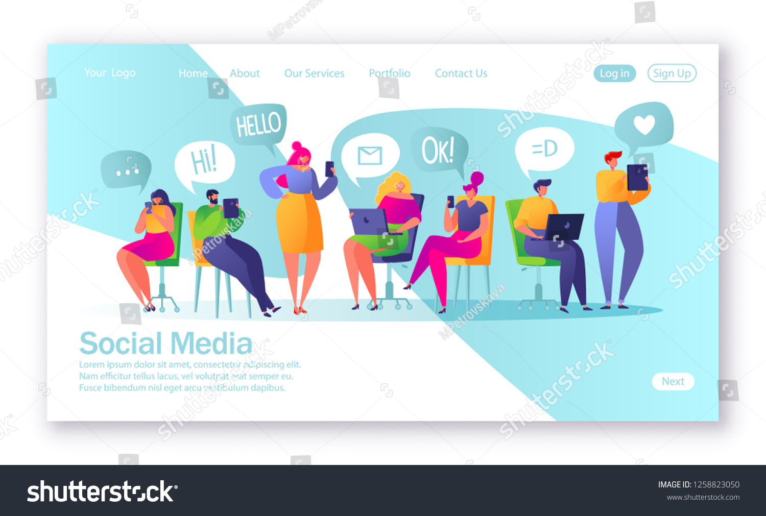 Concept of landing page on social media theme. Vector illustration for mobile website development and web page design. Vector illustration with set of flat people characters chatting in social network