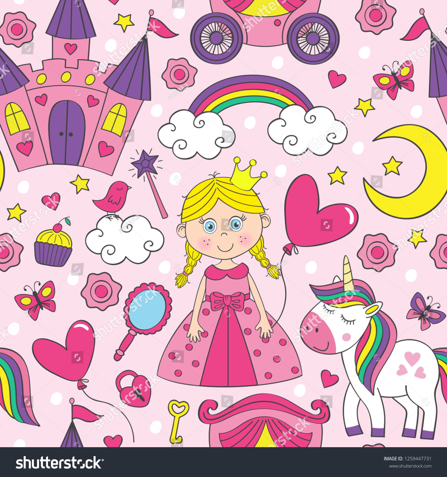 seamless pattern with beautiful princess and castle  - vector illustration  eps
