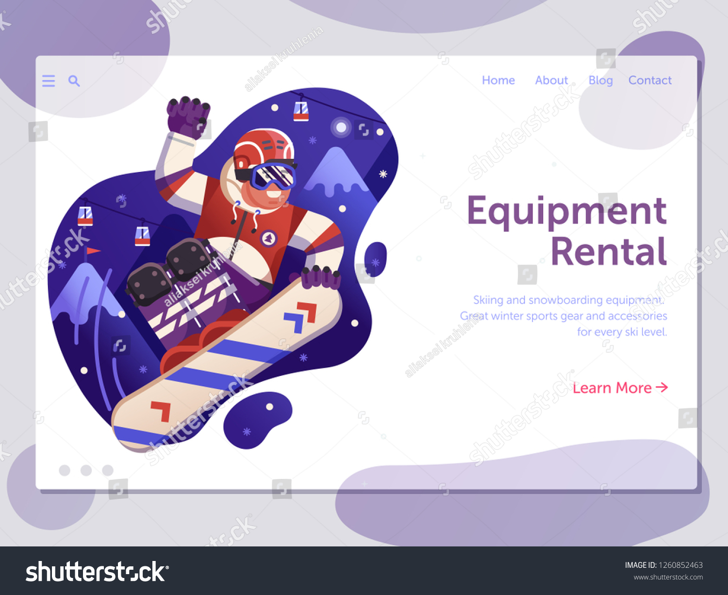 Ski resort winter holidays landing page template with snowboarder jumping on mountains background. Skiing and snowboarding equipment rental web banner with freeride snowboard man in motion.