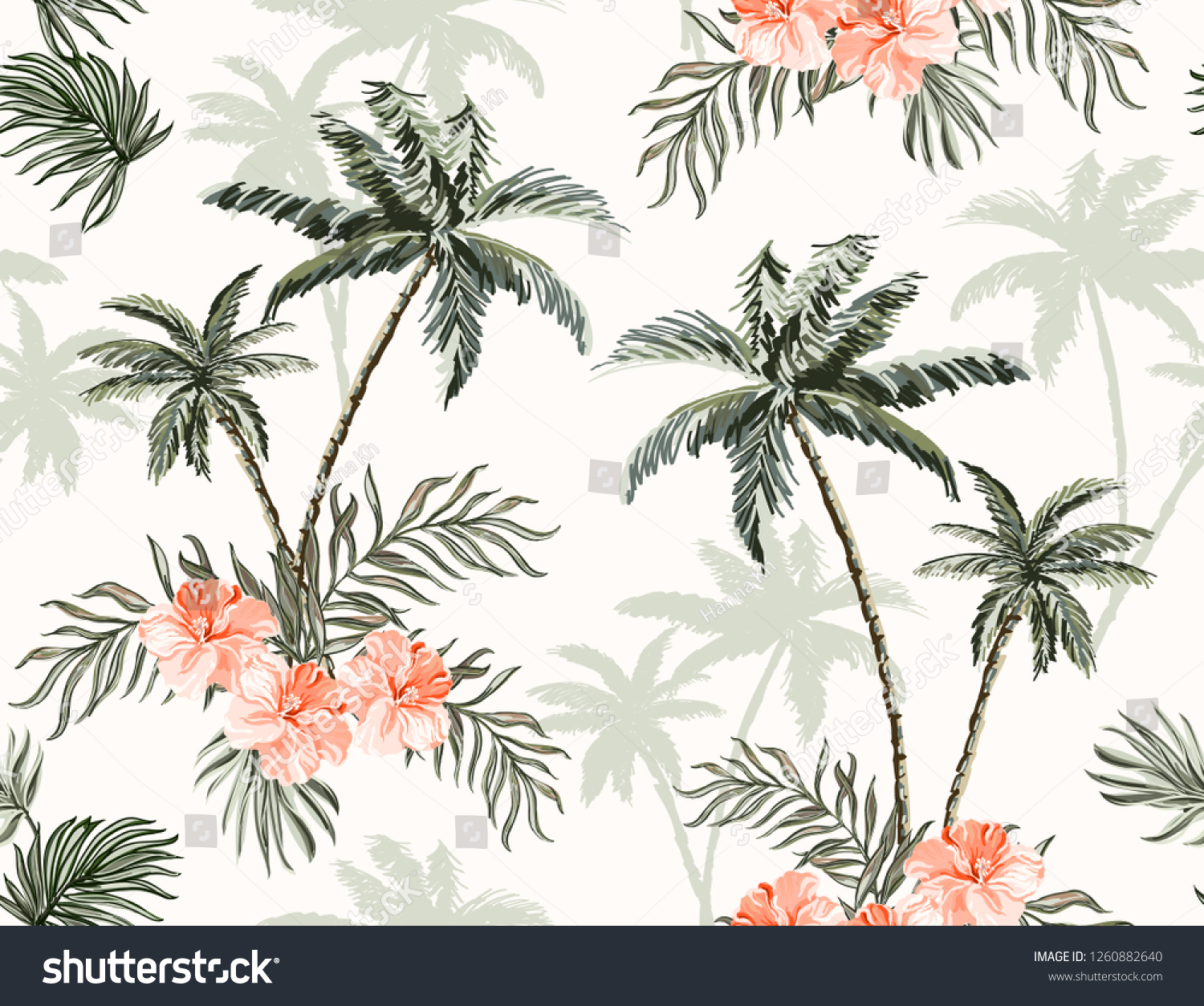  Beautiful tropical vintage palm trees and cheetah floral seamless pattern white background. Exotic jungle wallpaper with coconut palms  coral hibiscus. Isolated on white background. 