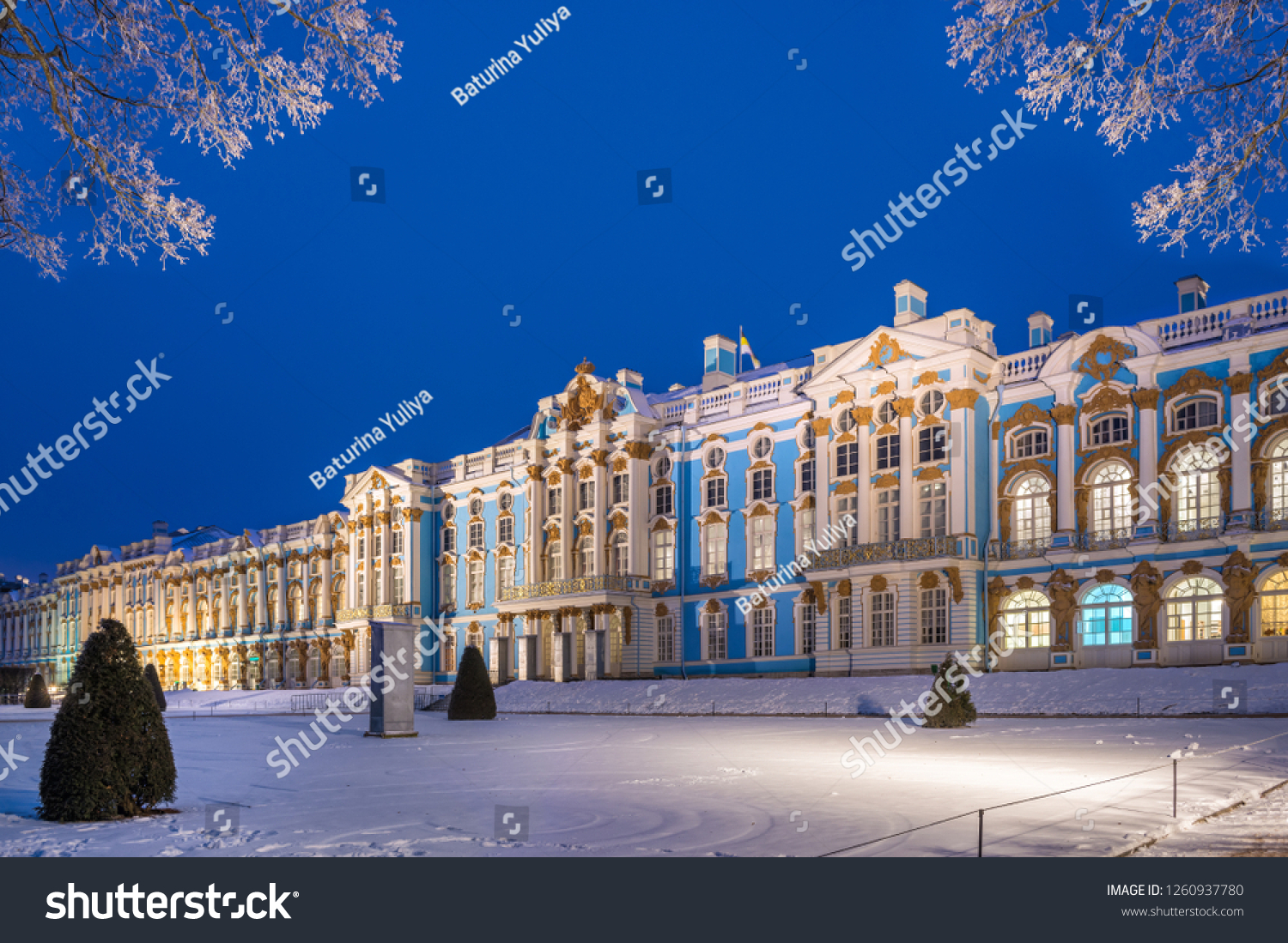 Blue evening near the Catherine Palace in Tsarskoye Selo winter snowy evening