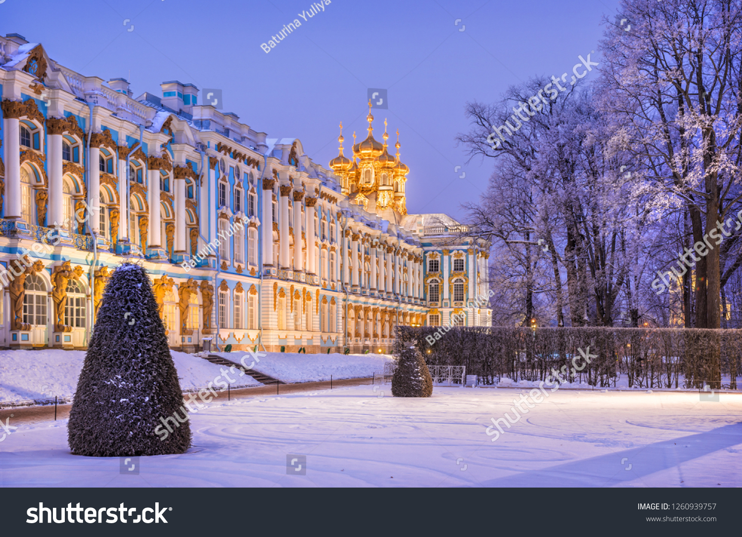 Lilac light of the evening around the Catherine Palace in Tsarskoye Selo winter snowy evening