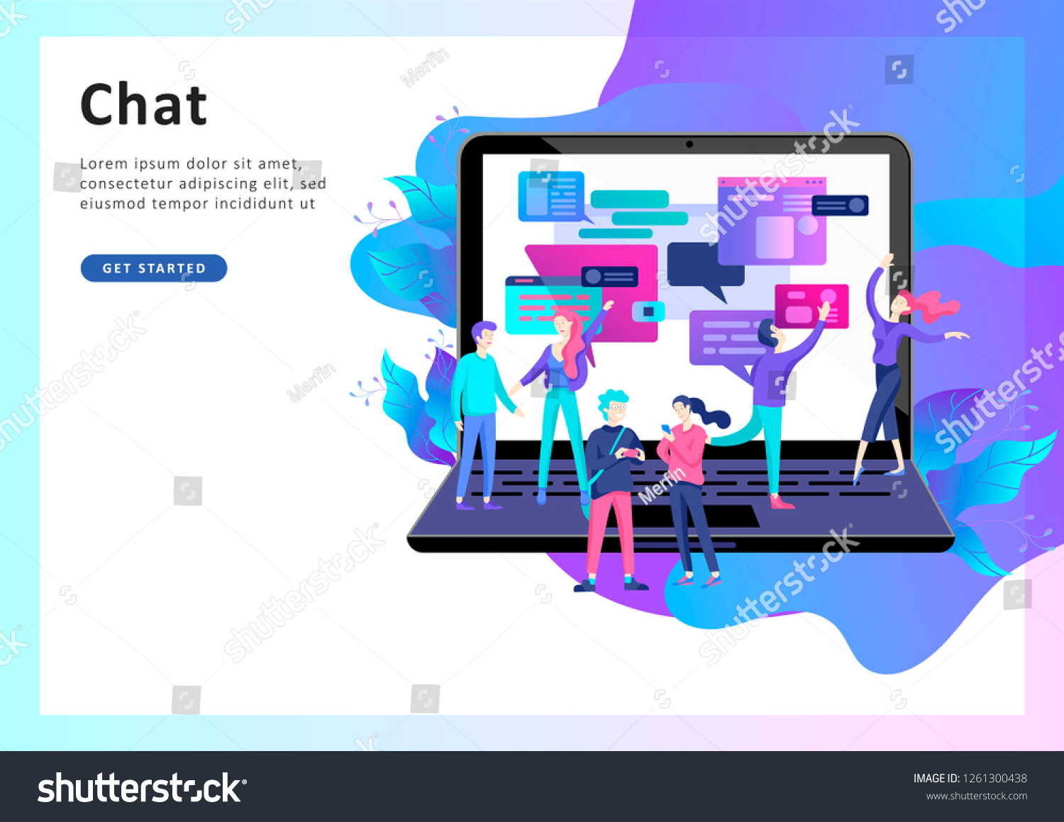 Concept Landing page template  flat style  businessmen discuss social network  news  social networks  chat  dialogue speech bubbles  new projects