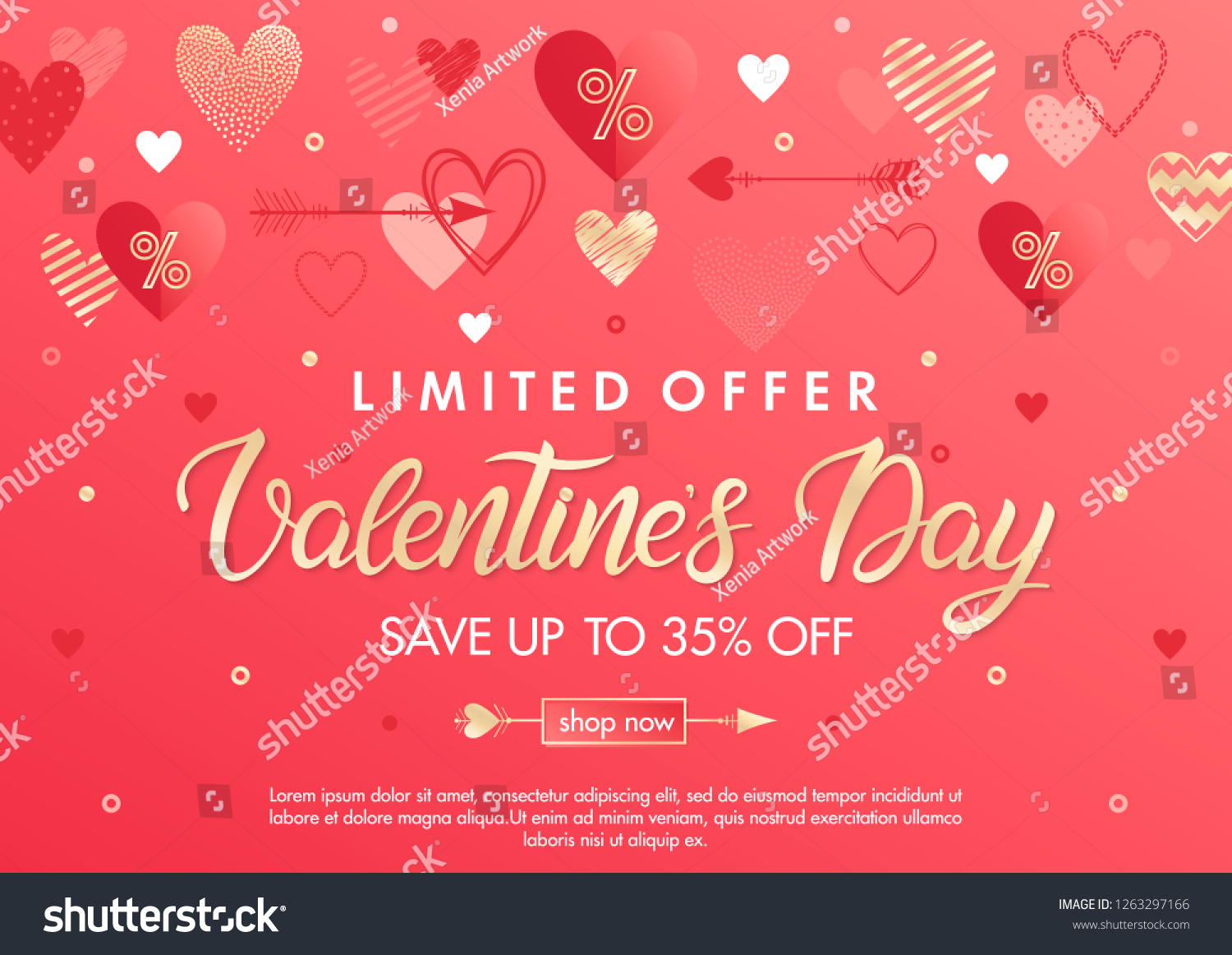 Valentines Day special offer banner with different hearts and gold foil elements.Sale flyer template perfect for prints  flyers  banners  promotions  special offers and more. Vector Valentines promo.