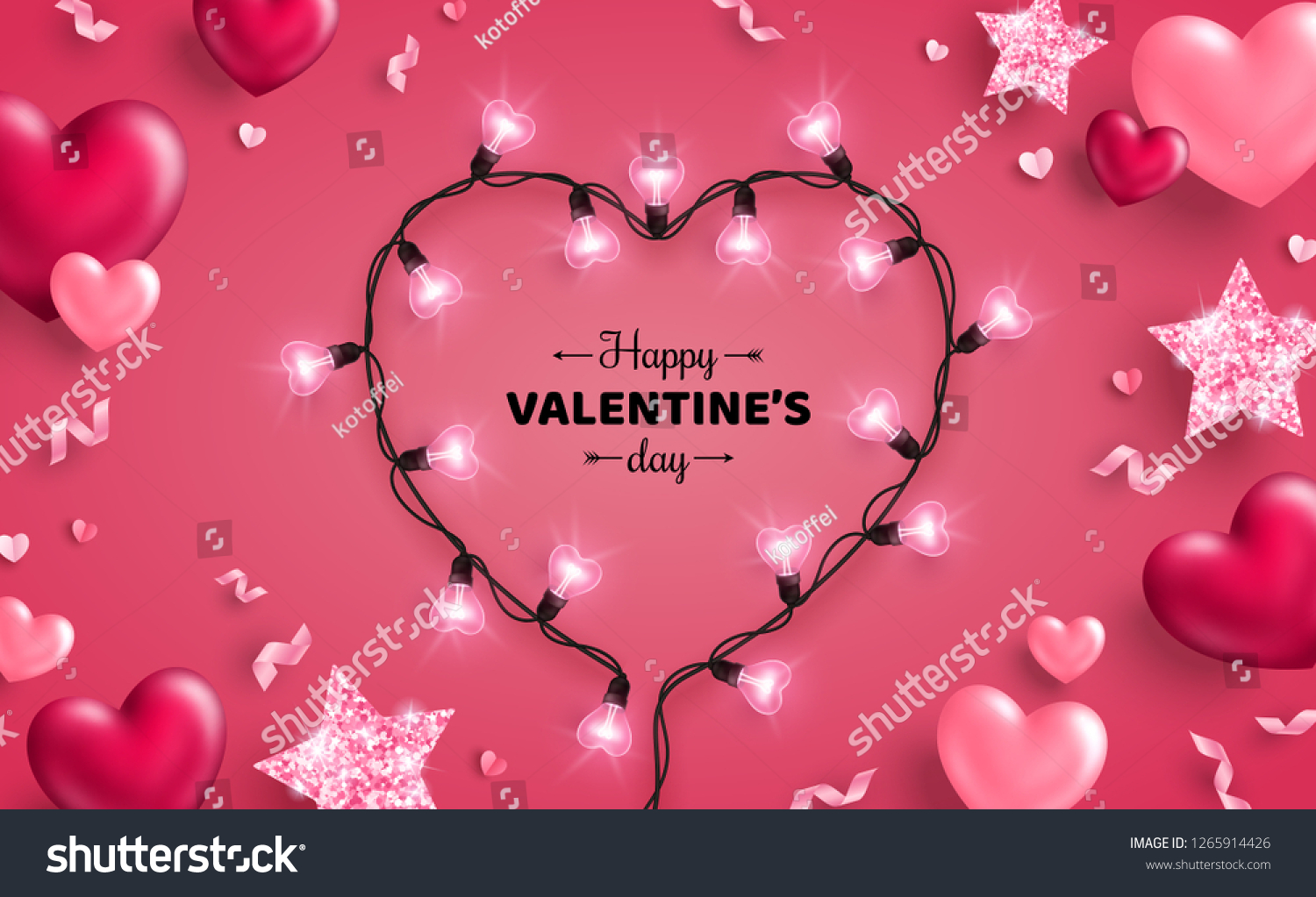 Happy Saint Valentine's day card with light bulbs  confetti and hearts on pink background. Holiday illuminated frame made of garland wire with place for text.