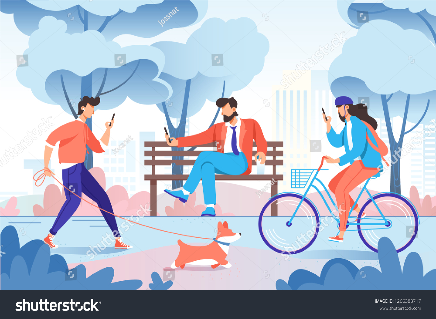 City park with relax people with cellphone  dog on bench  bicycle. Concept young woman and man for walk. Vector illustration.