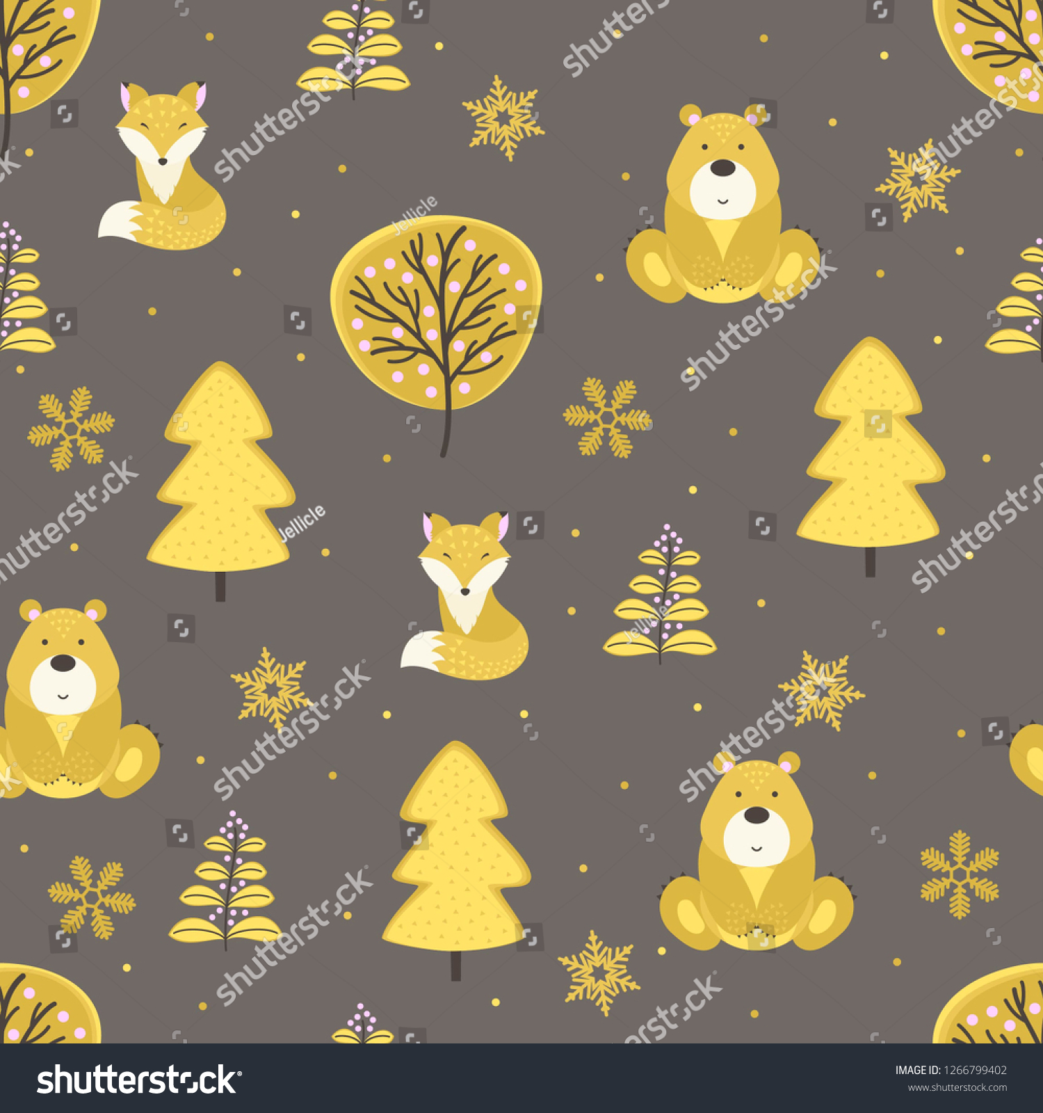 Hand drawn winter forest with foxes and bears. Seamless pattern.