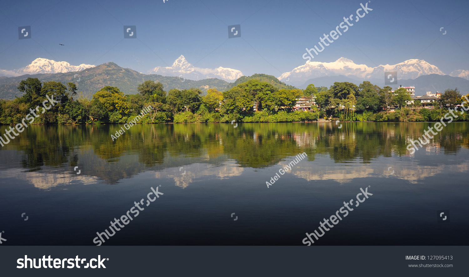 Himalayan range view with Pokhara and lake Phewa on a foreground