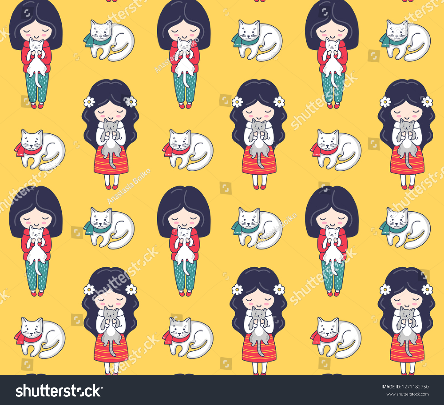 Girls in warm sweaters  holding cute little cats. Cozy seamless pattern. Vector background for postcards  wallpaper  textiles  bed linen  tissue  print  wrapping.