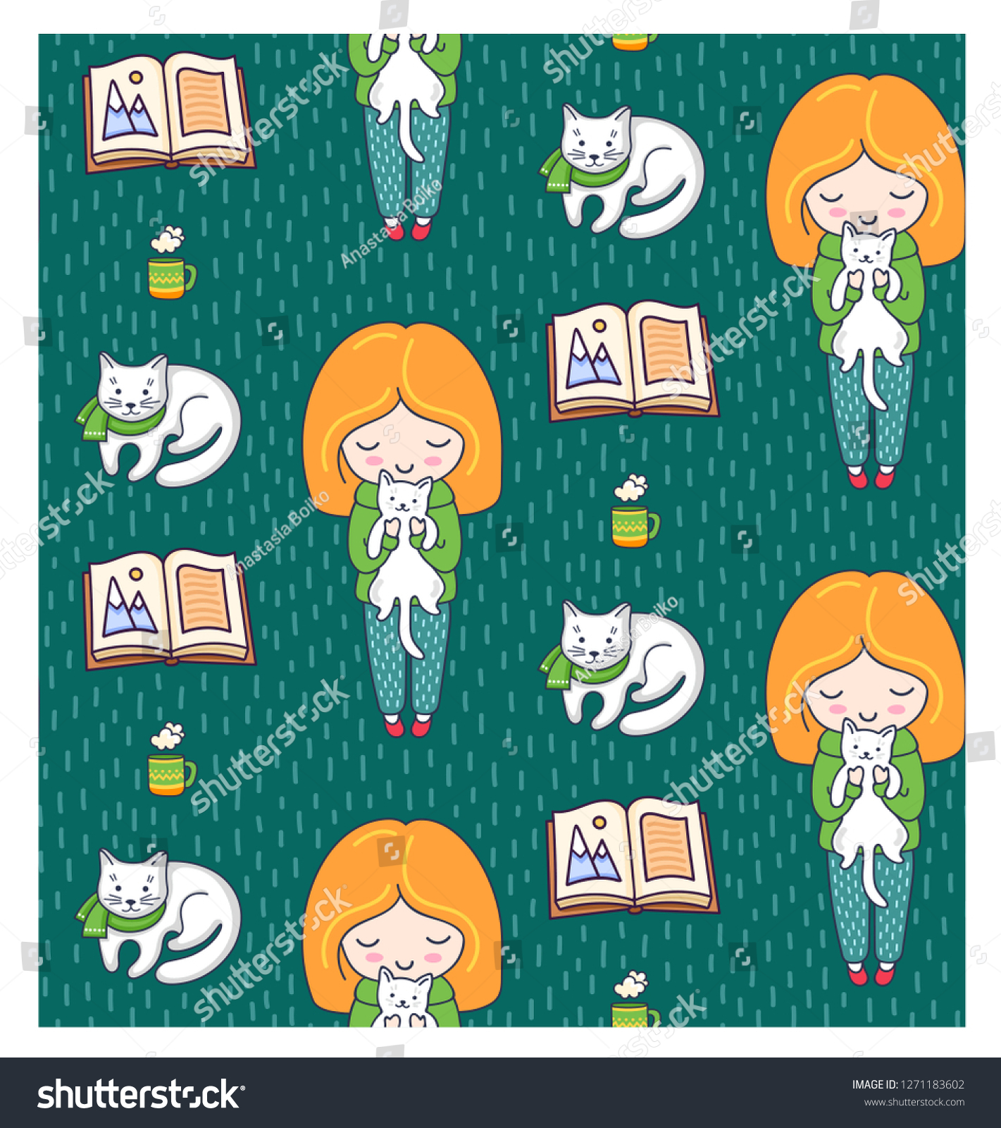 Cozy seamless patterns with ginger girls and cats on a green background. Vector illustration.