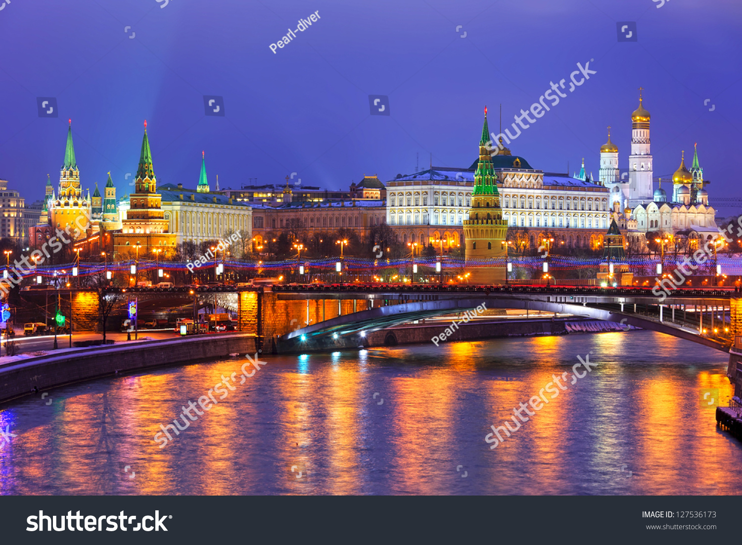 Stunning night view of Kremlin in the winter  Moscow  Russia