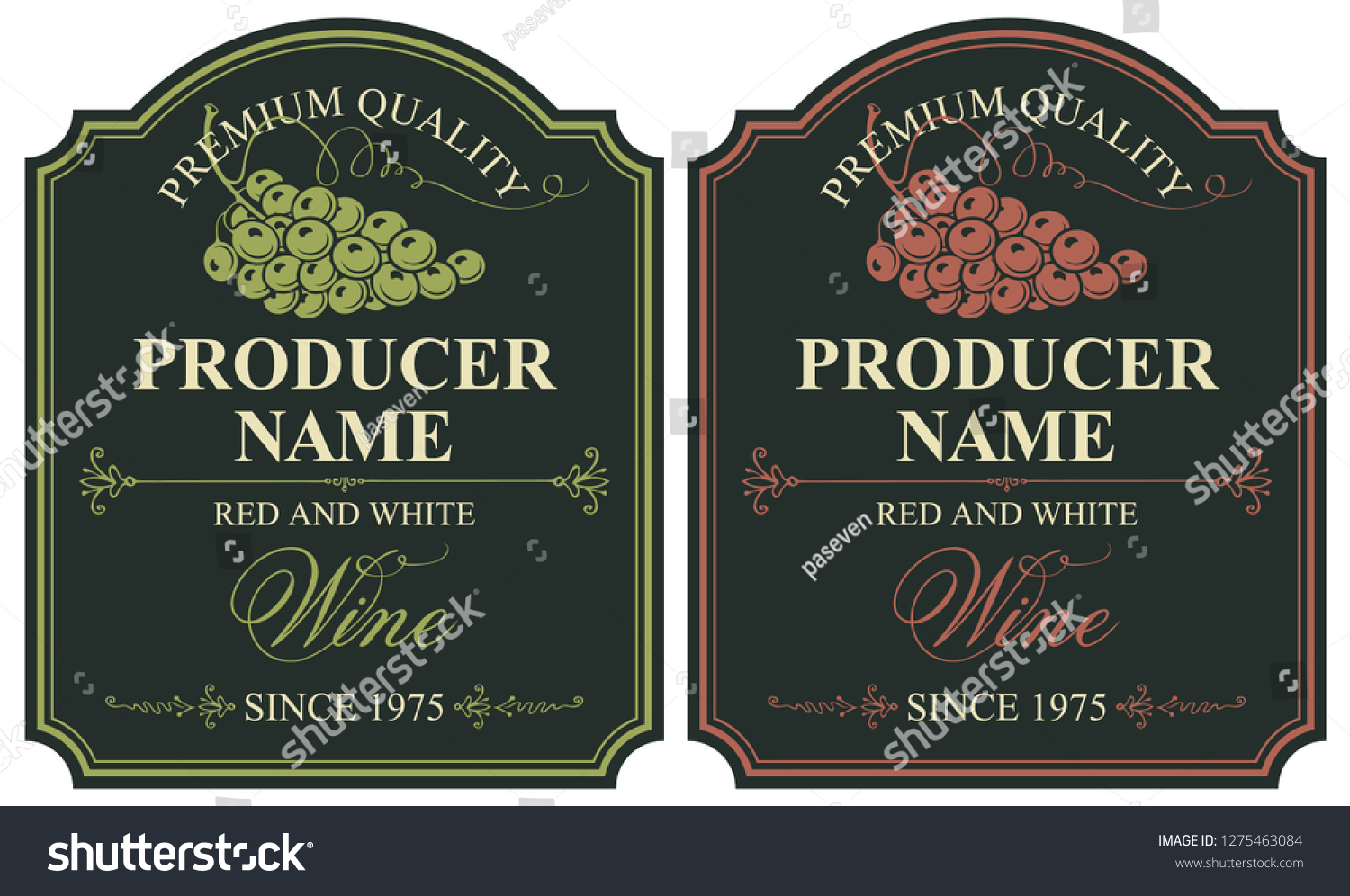 Set of two vector labels for red and white wine with bunches of grapes and calligraphic inscriptions in retro style on the black background.