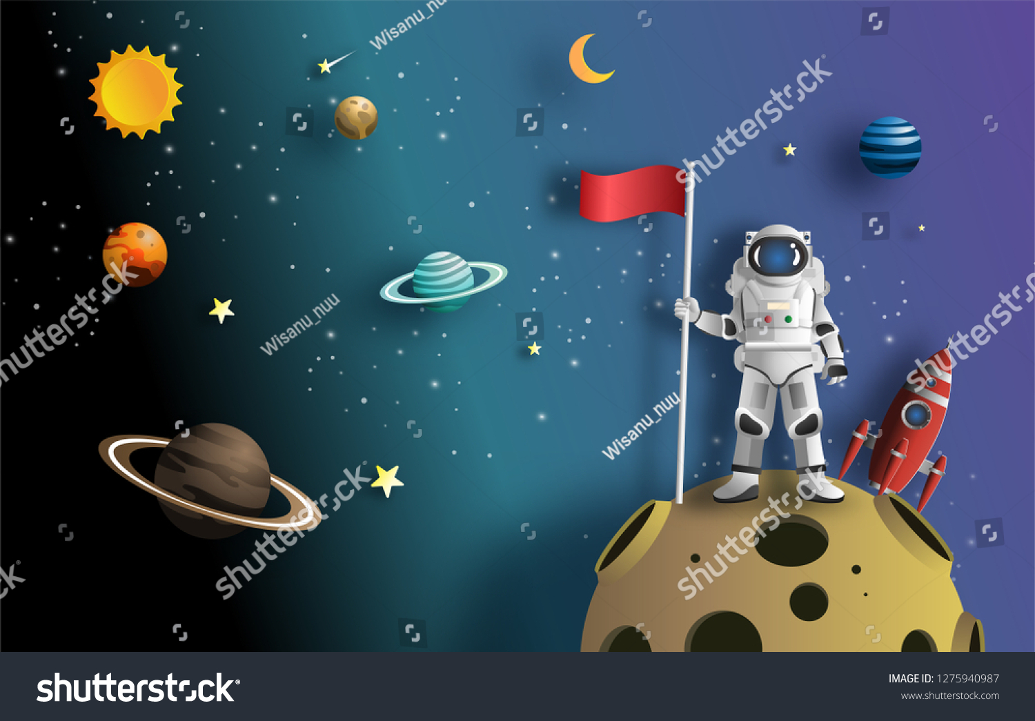 
Paper art style of astronaut raising flag on moon with spacecraft  flat-style vector illustration