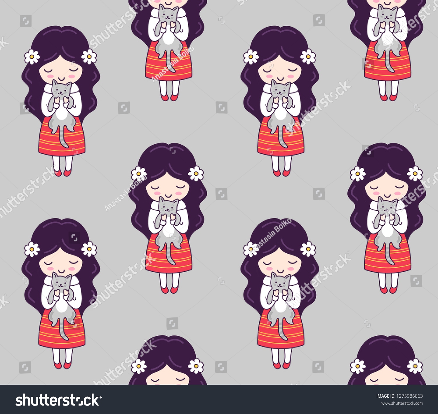 Seamless pattern with cute little dark-haired girls  holding cute little gray cats. Retro print for textile  fabric  posters  decor  paper  wallpaper. Outline vector illustration.