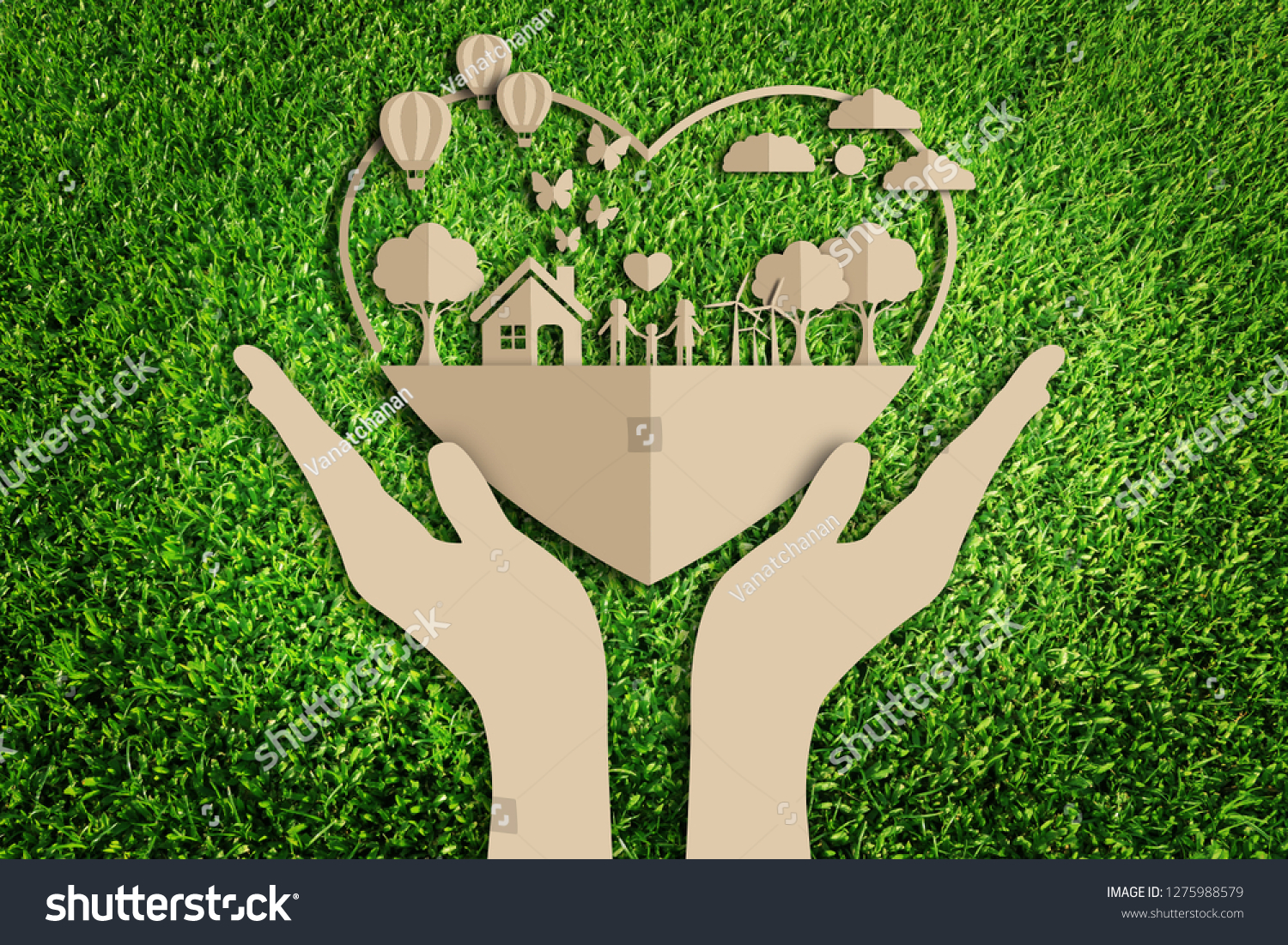 Paper art style of eco on green grass background.  Save the earth.