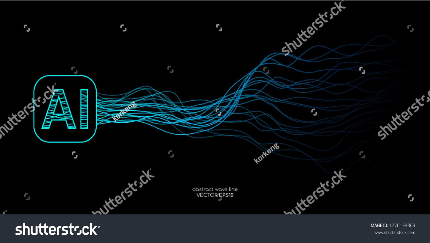 AI (Artificial intelligence) wave lines neural network with AI lettering in green and blue colors on black background. Vector in concept of technology  A.I.