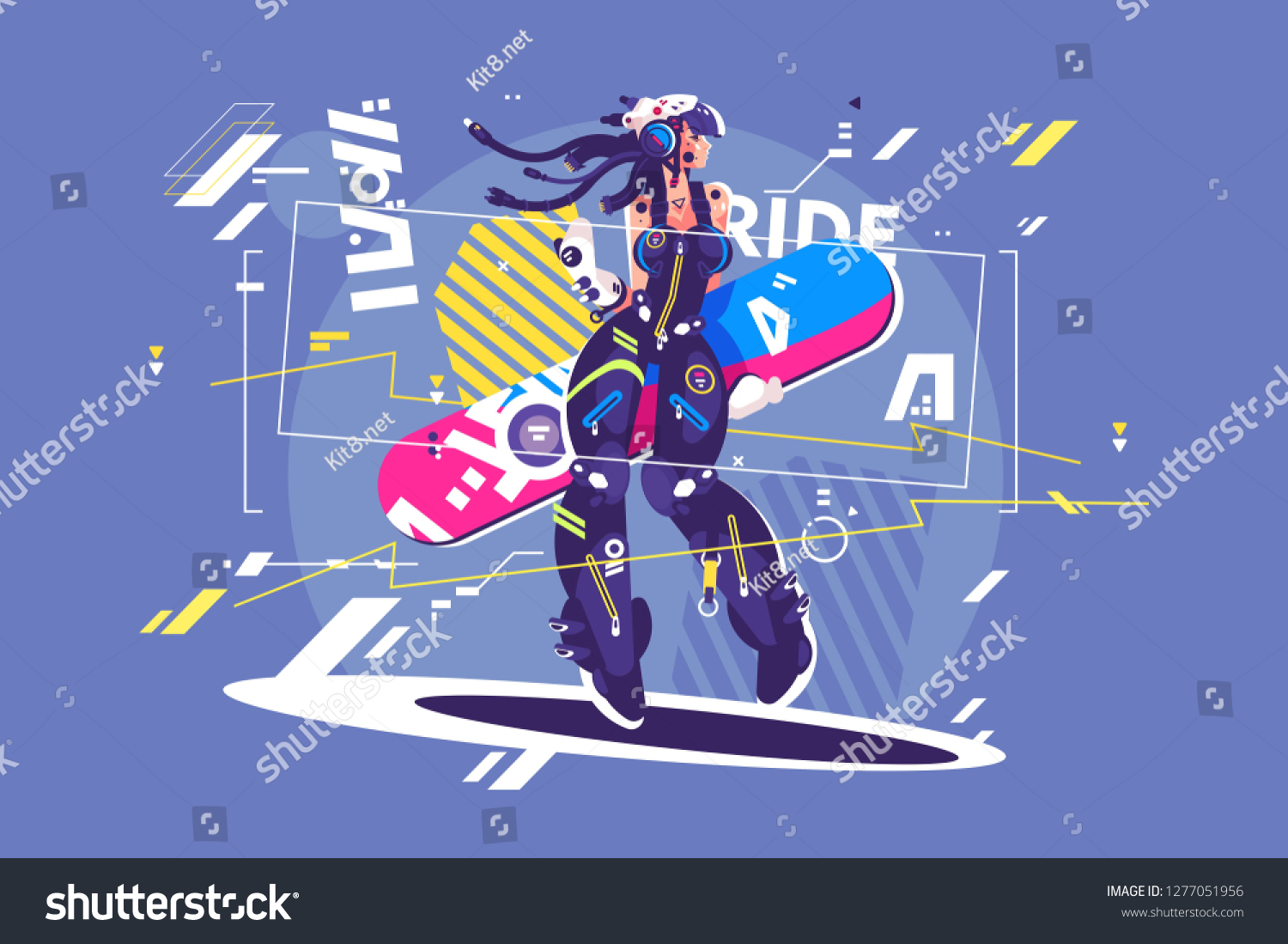 Beautiful girl in sportswear with snowboard vector illustration. Young woman snowboarder flat style concept. Snowboarding activities. Winter kinds of sport and holidays