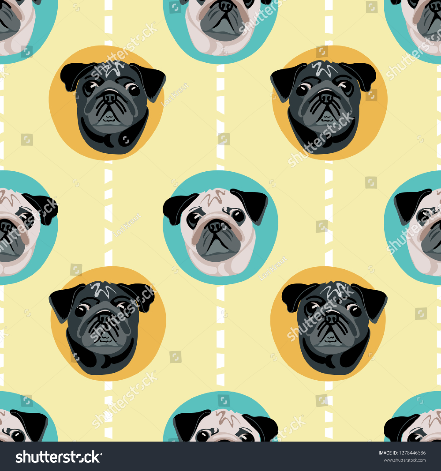 Cute cartoon pug faces in large polka dot seamless pattern  Turquoise and yellow vector design  great for textiles  gift wrapping paper  dog supplies  groomers  dog walkers all all pug lovers!